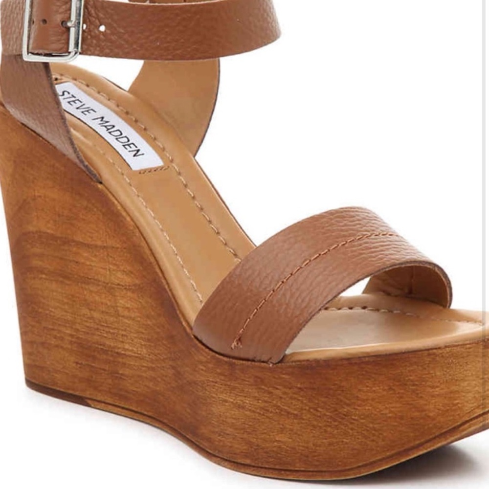 Steve Madden Belma Tan Leather Platform Wooden Wedge Sandals
